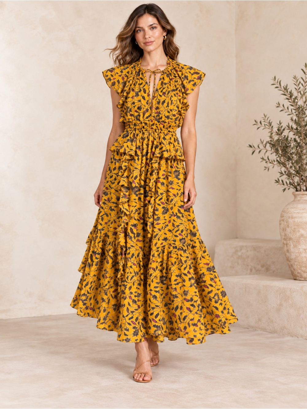 Ulla Johnson Mustard Floral Ruffle Maxi Dress Size 4 Silk Blend